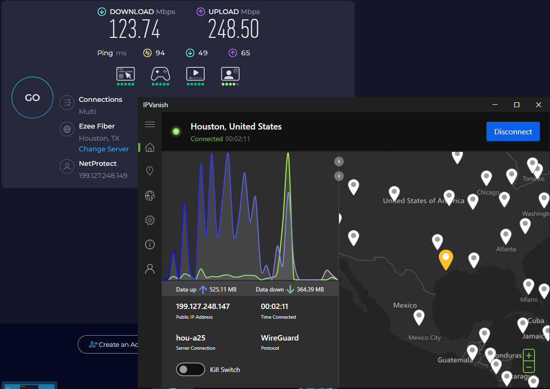 Speed test results for IPVanish while connected to a server in Dallas, Texas (123.74 download, 248.50 upload, 94 ping)