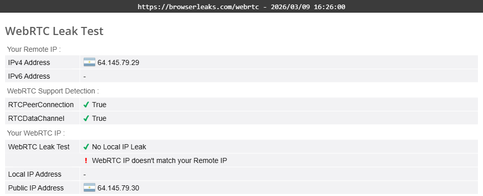 IPVanish's WebRTC leak test results (partial pass)