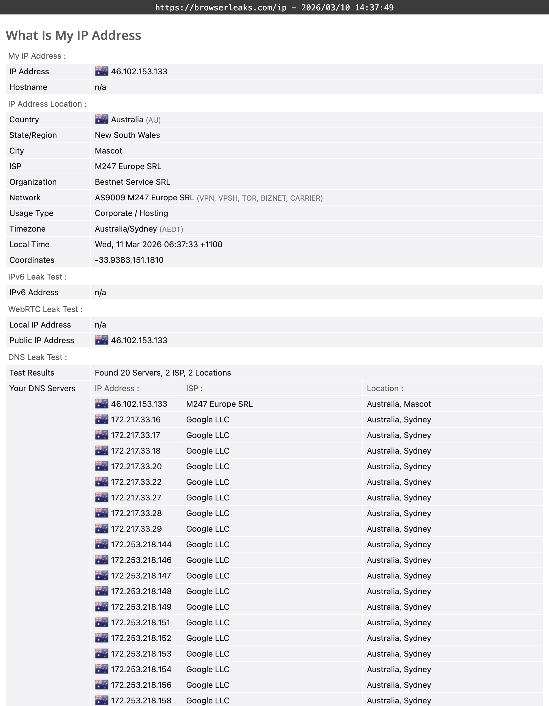 FastestVPN's DNS leak test results (pass)