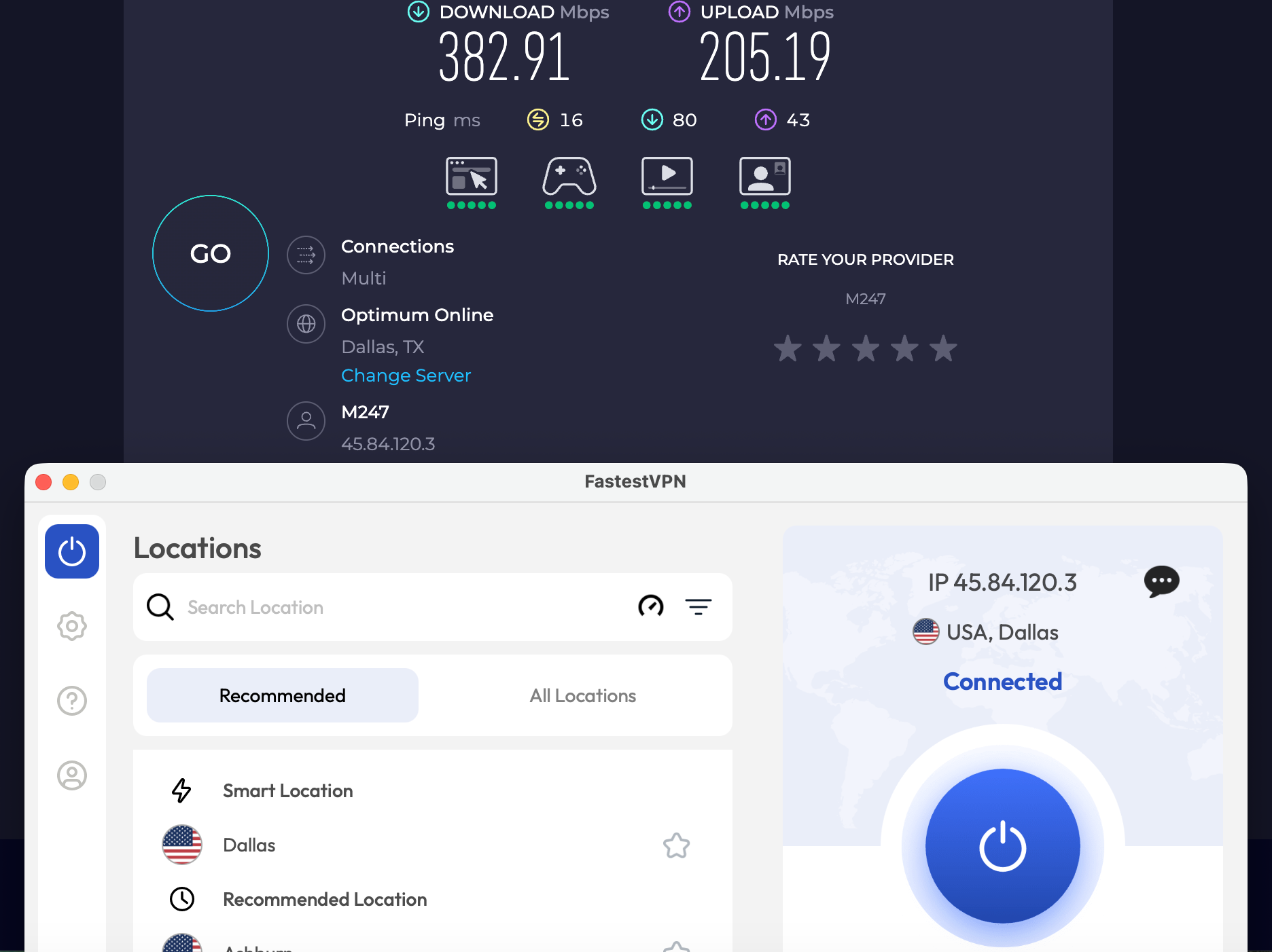 Speed test results for FastestVPN while connected to a server in Dallas (382.91 download, 205.19 upload, 16 ping).