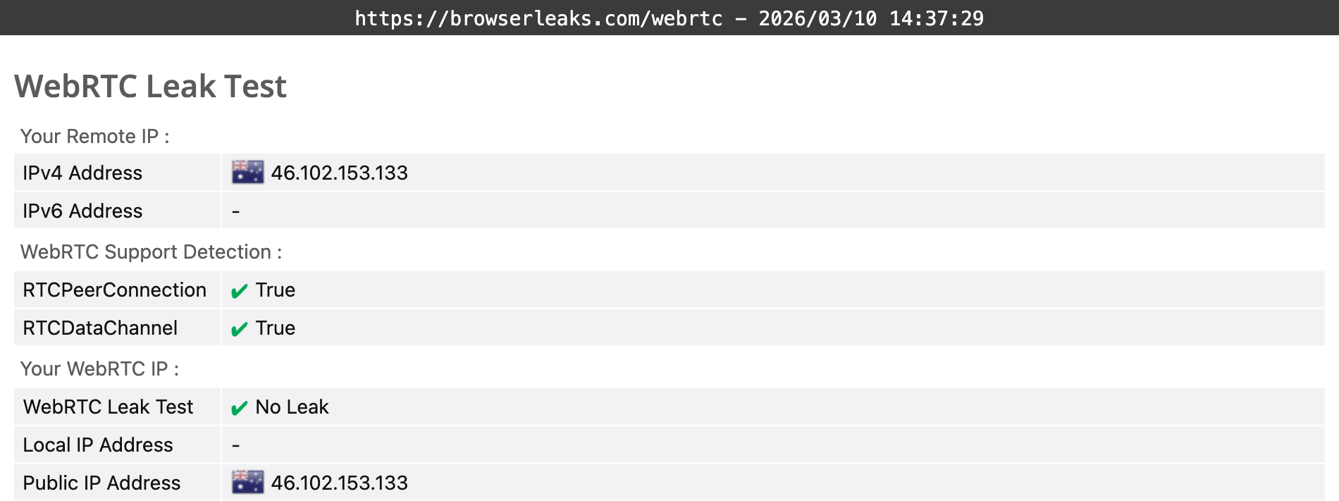 FastestVPN's WebRTC leak test results (pass).