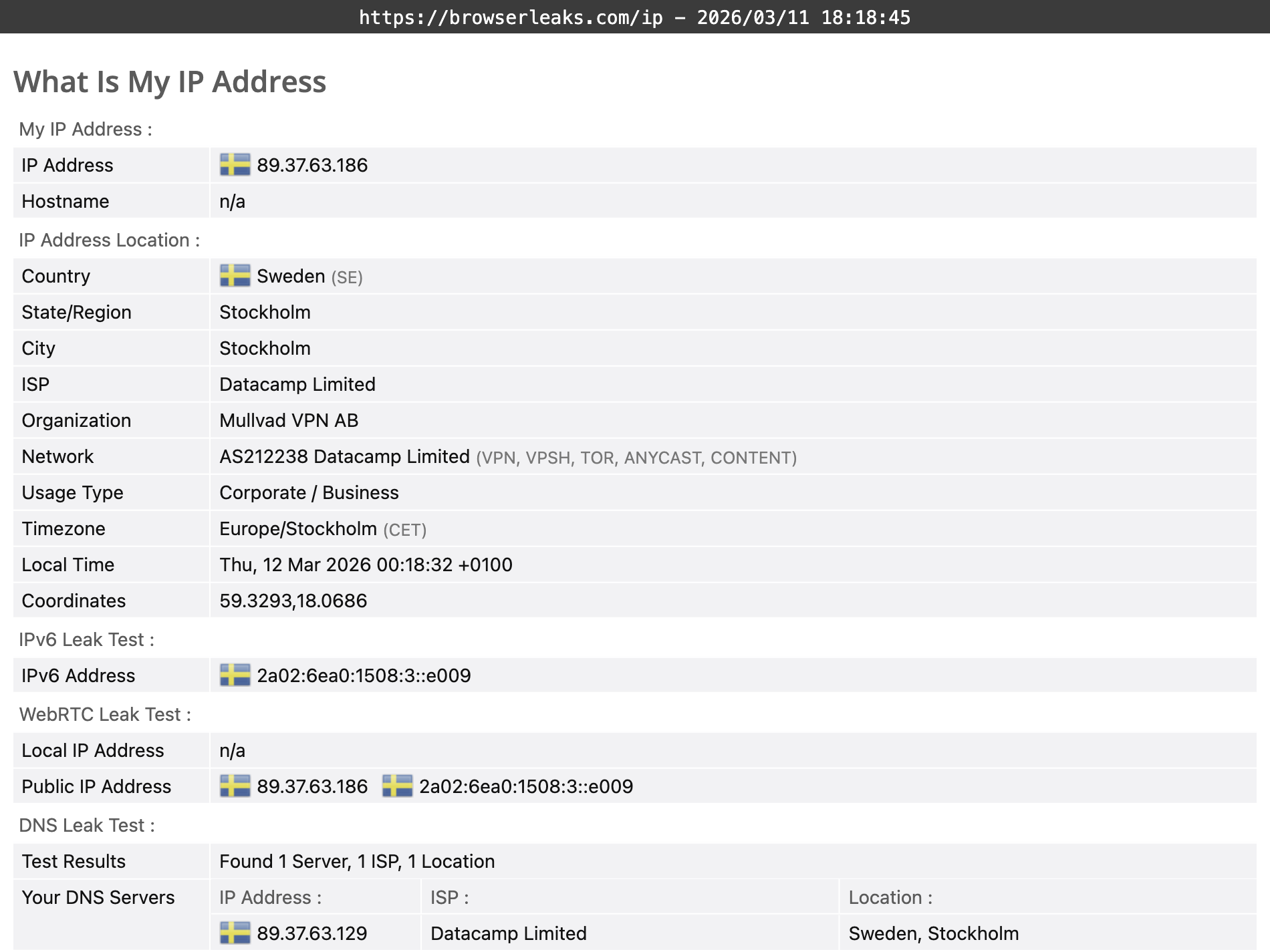 Mullvad's DNS leak test results (pass)