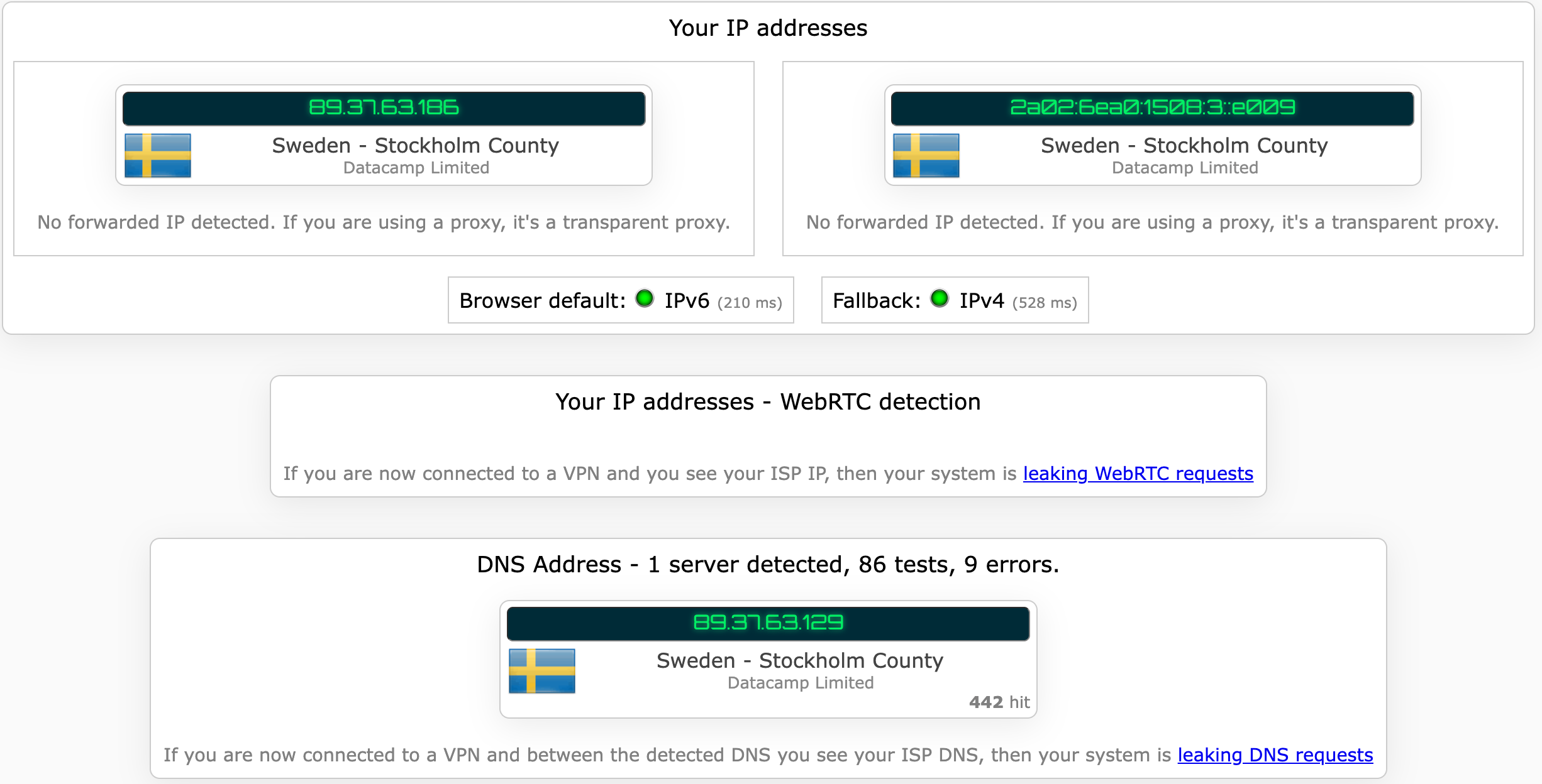 Mullvad's kill switch test results (pass)