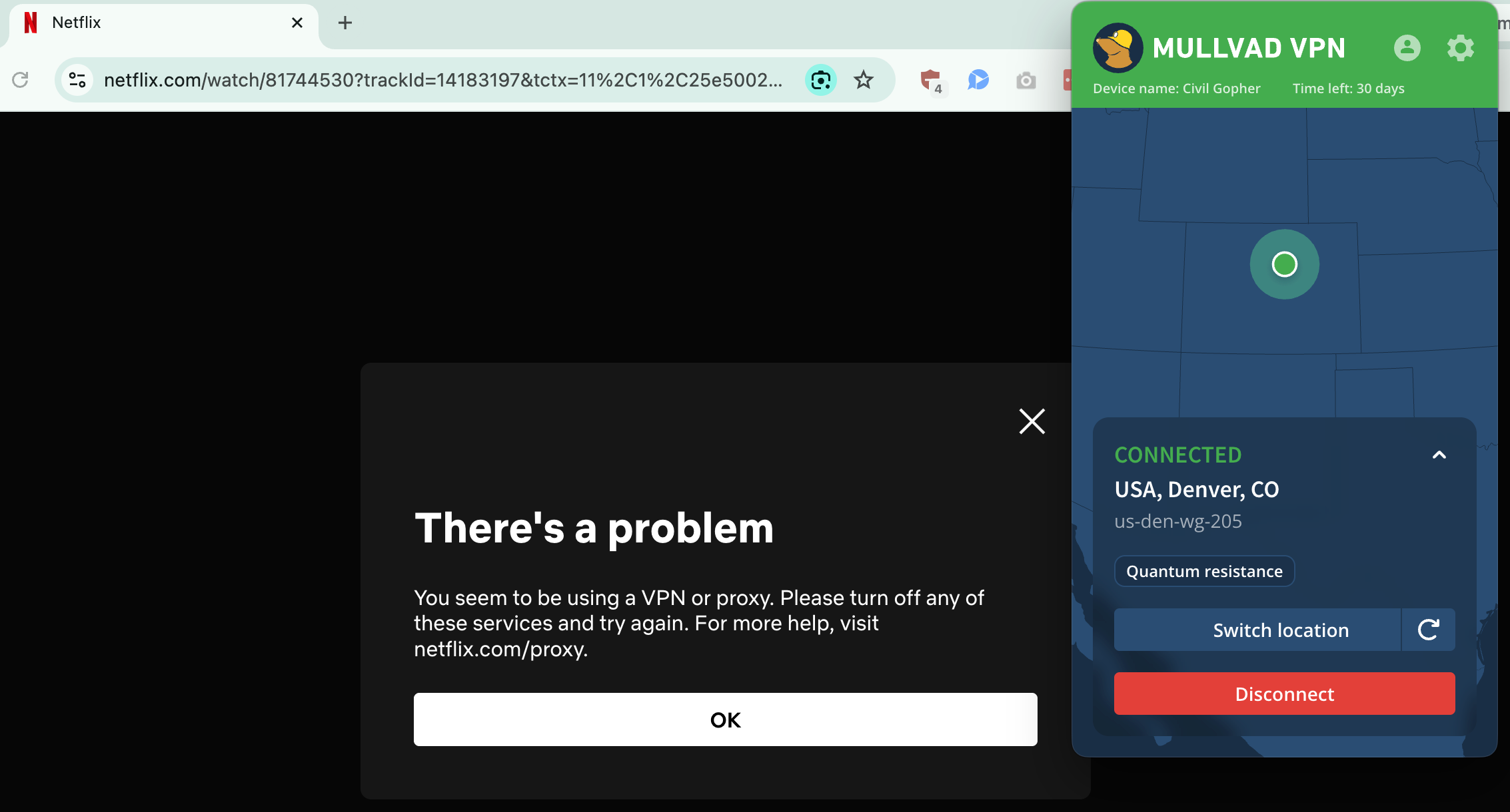 A Netflix error page flagging a VPN side-by-side with Mullvad VPN