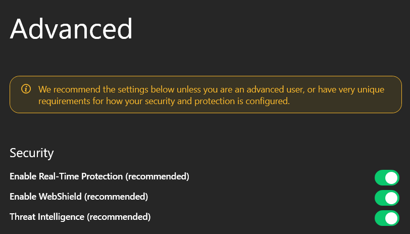 TotalAV Advanced Security settings