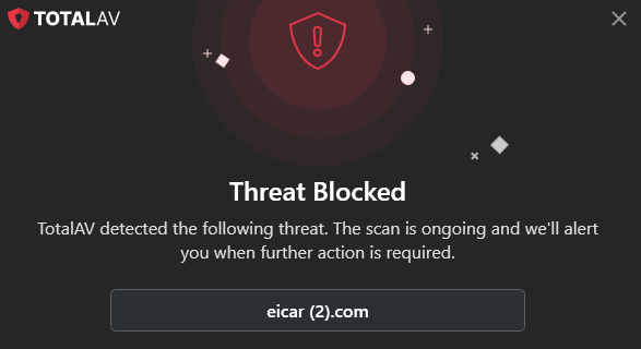 Pop-up from TotalAV notifying that its blocked an EICAR file