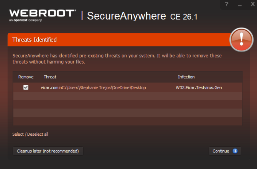 Webroot identifying a preexisting threat during install and prompting us to remove the file