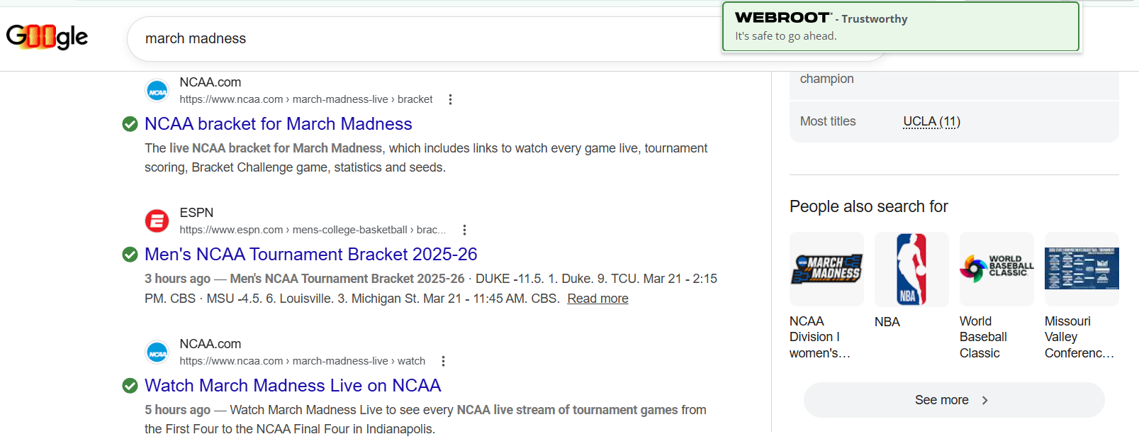 Google search results for "march madness" with checkmarks from Webroot Web Threat Shield