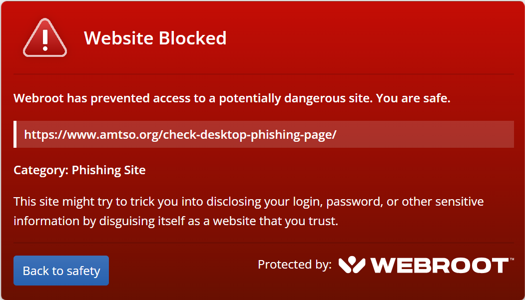Website Blocked warning from Webroot Web Threat Shield extension