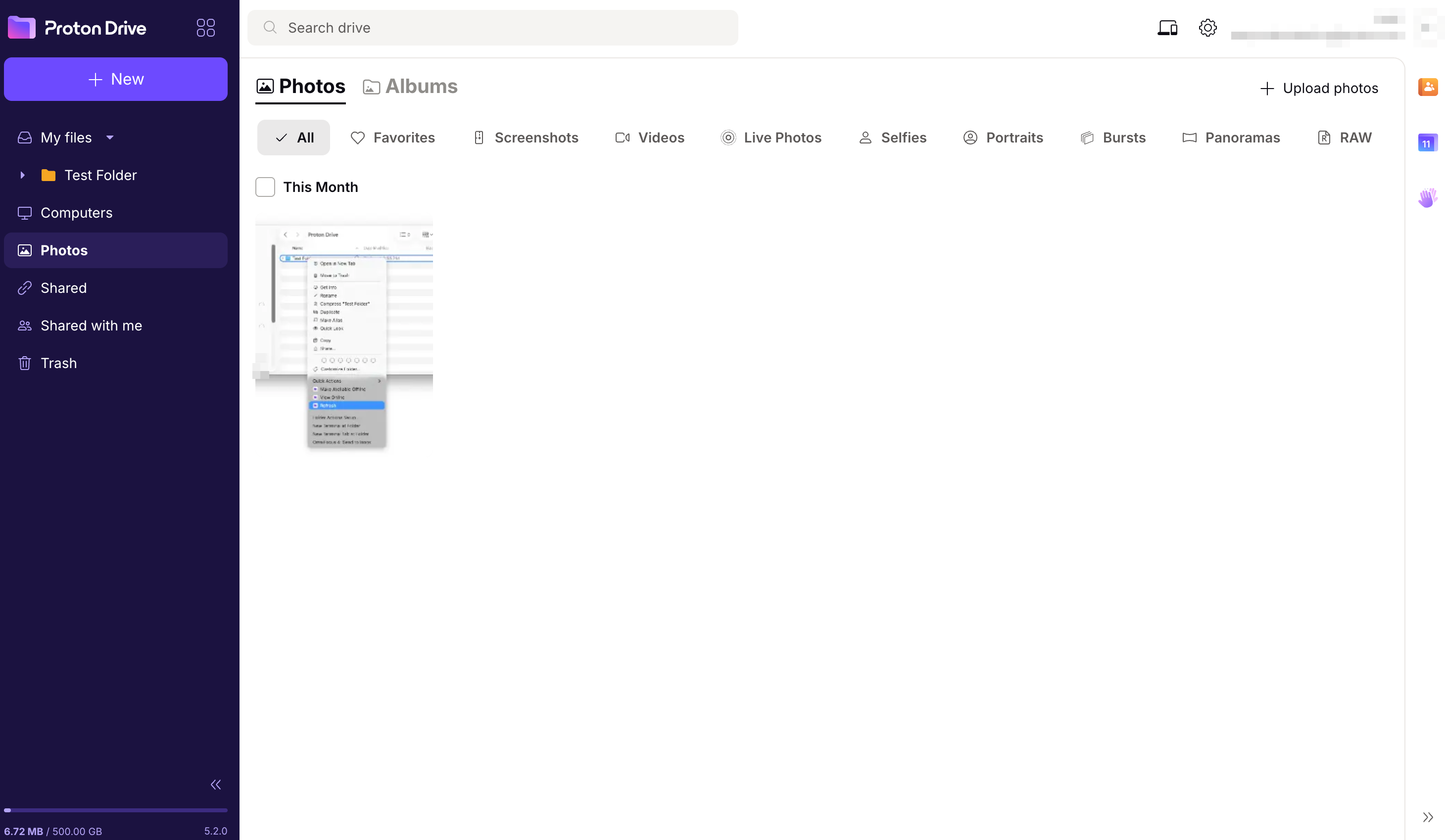Proton Drive Photos dashboard