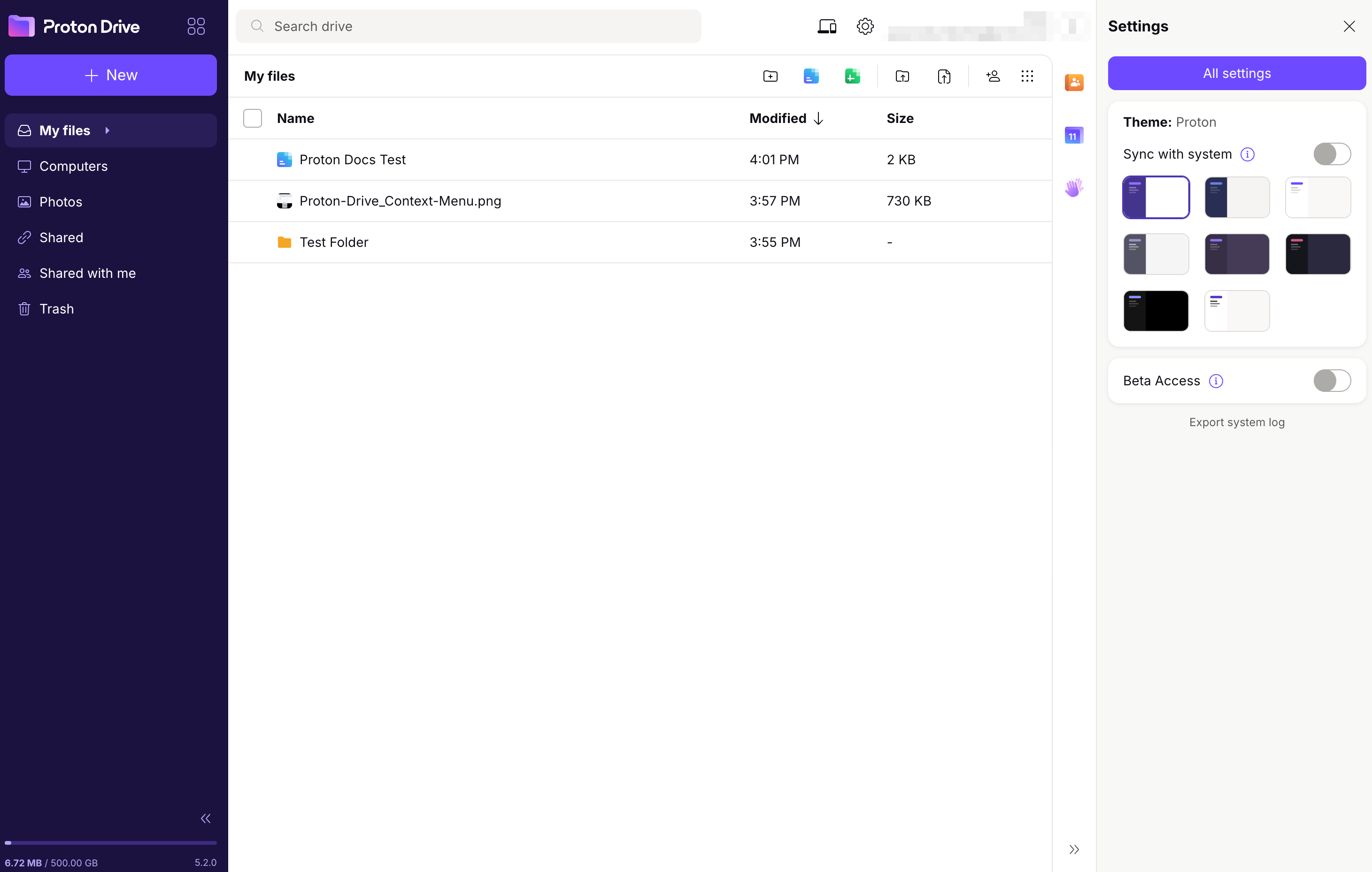 Proton Drive settings