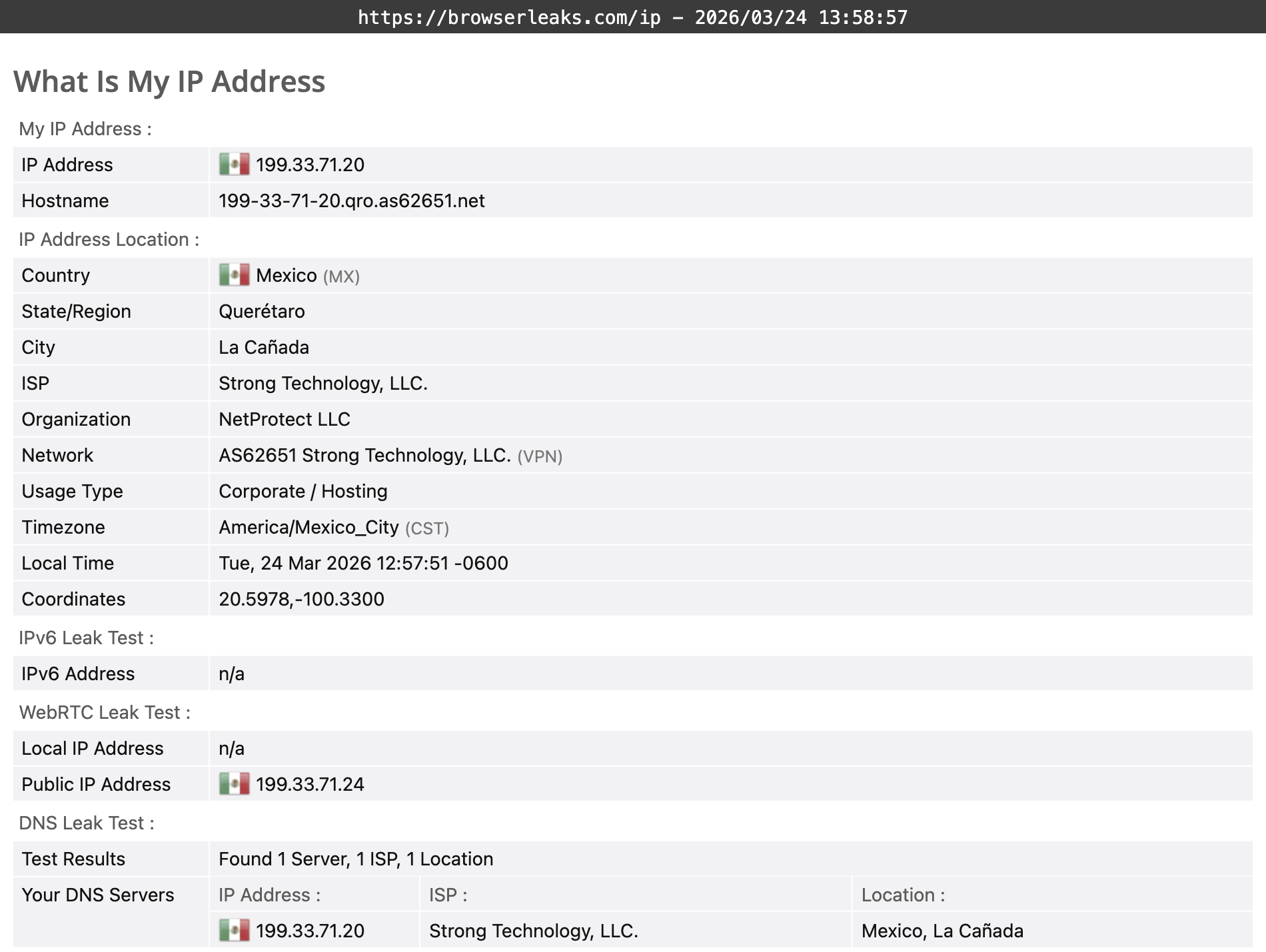 Bitdefender VPN's DNS leak test results (pass)