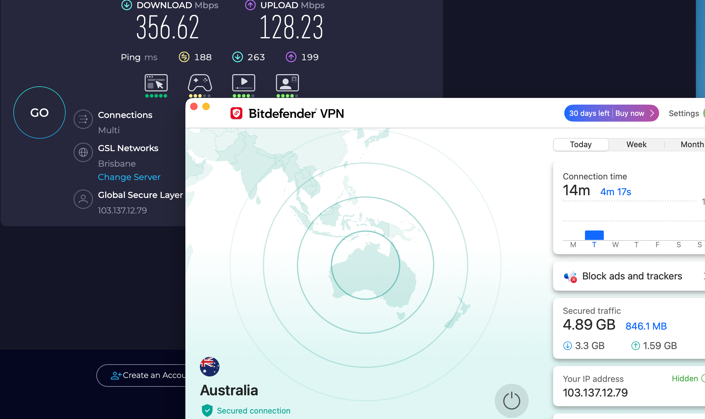 Speed test results for Bitdefender VPN while connected to a Brisbane server (356.62 download, 128.23 upload, 188 ping)
