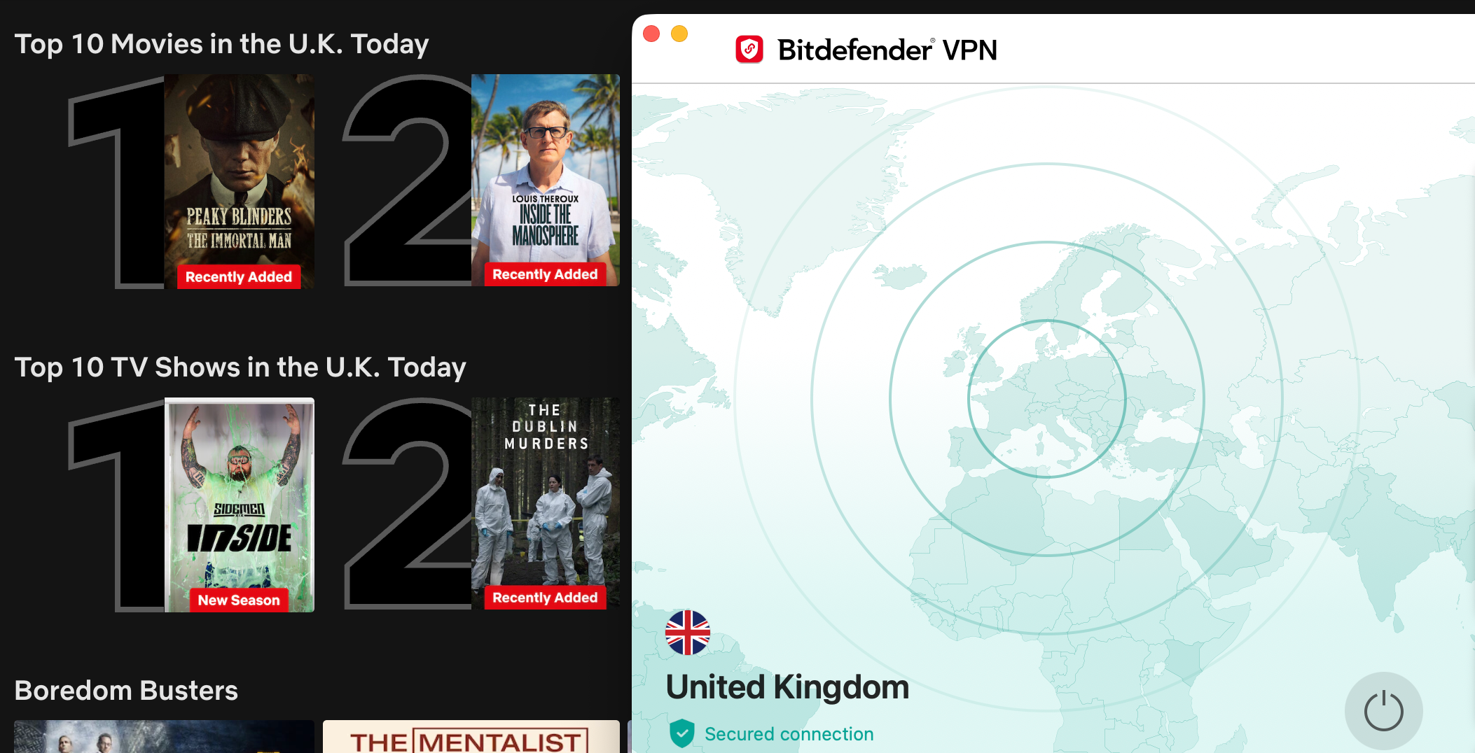 Netflix list of top shows and movies in the U.K. today with Bitdefender VPN in the foreground