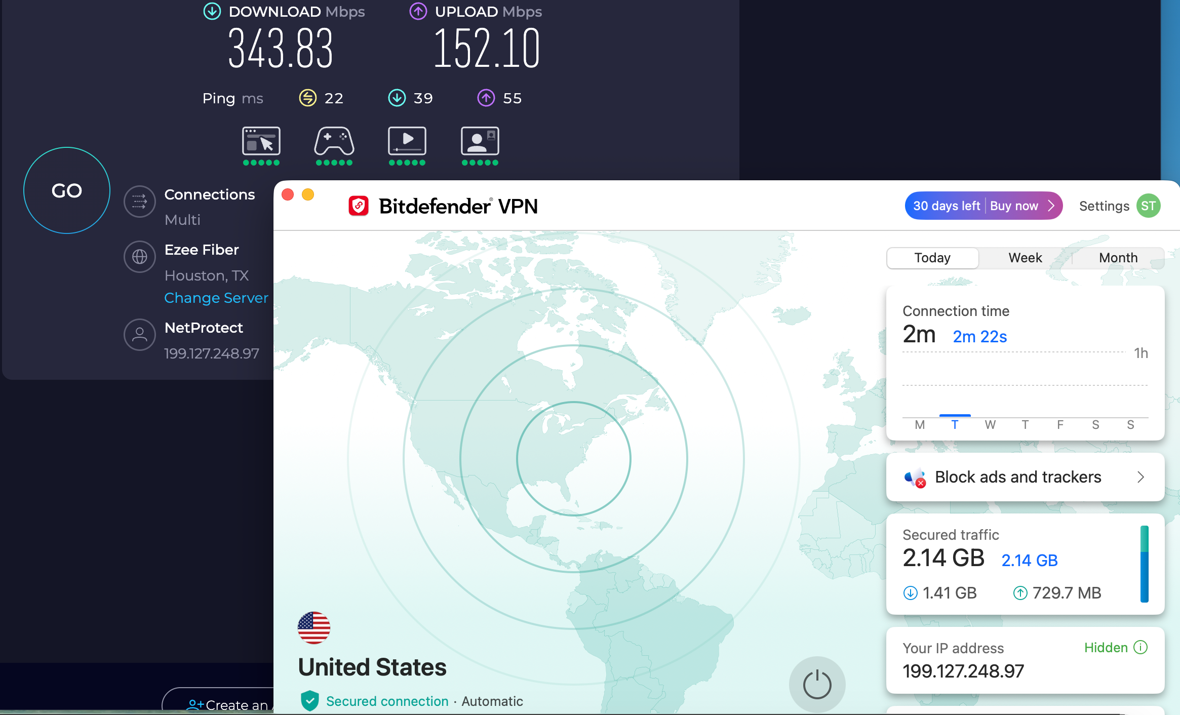 Speed test results for Bitdefender VPN while connected to a Houston sever (343.83 download, 334.36 upload, 22 ping)