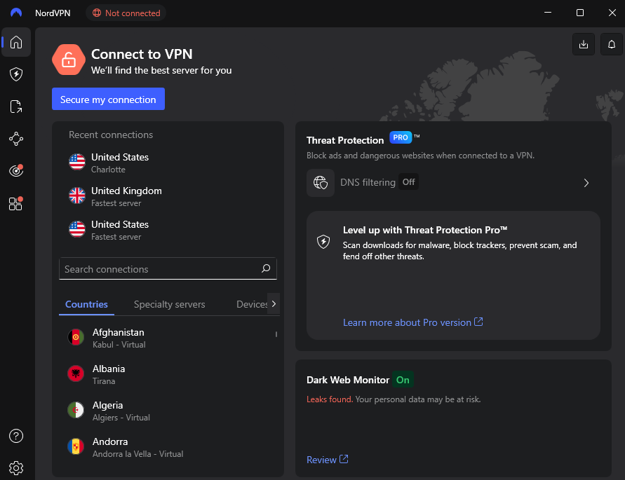 NordVPN dashboard - not connected