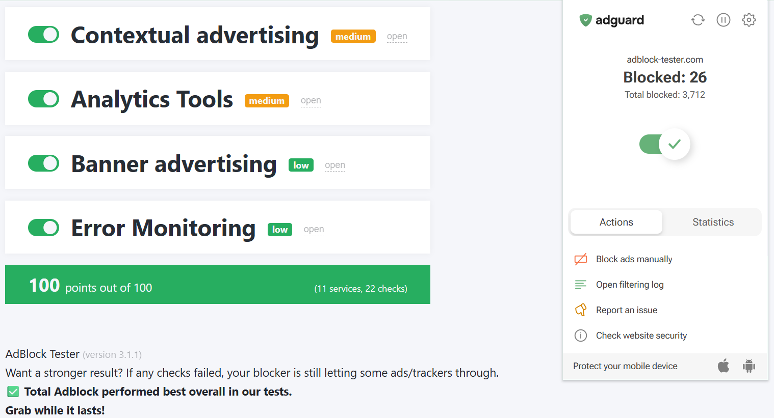 AdGuard's AdBlock Tester results (100/100) 