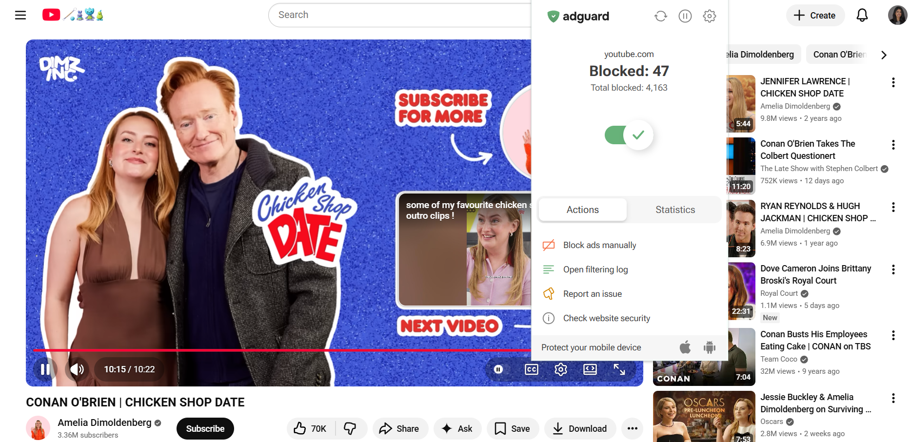 End of a YouTube video with AdGuard extension in the foreground