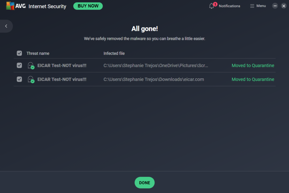 AVG Deep Scan results (2 unsecure threats found)
