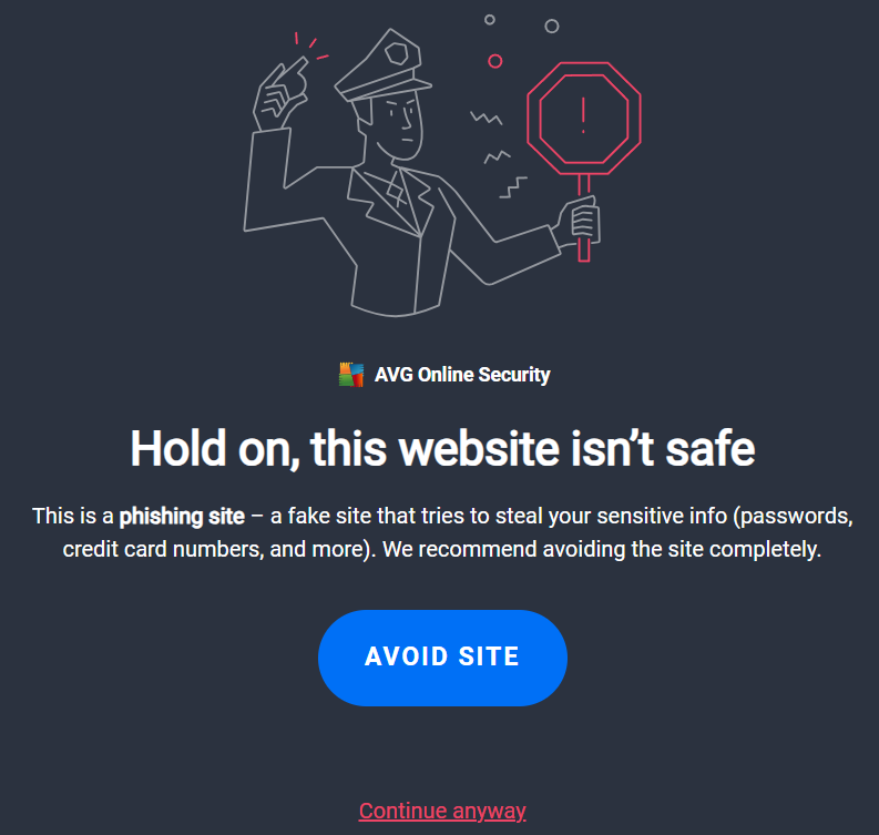 Warning from AVG Web Shield indicated a phishing threat was blocked