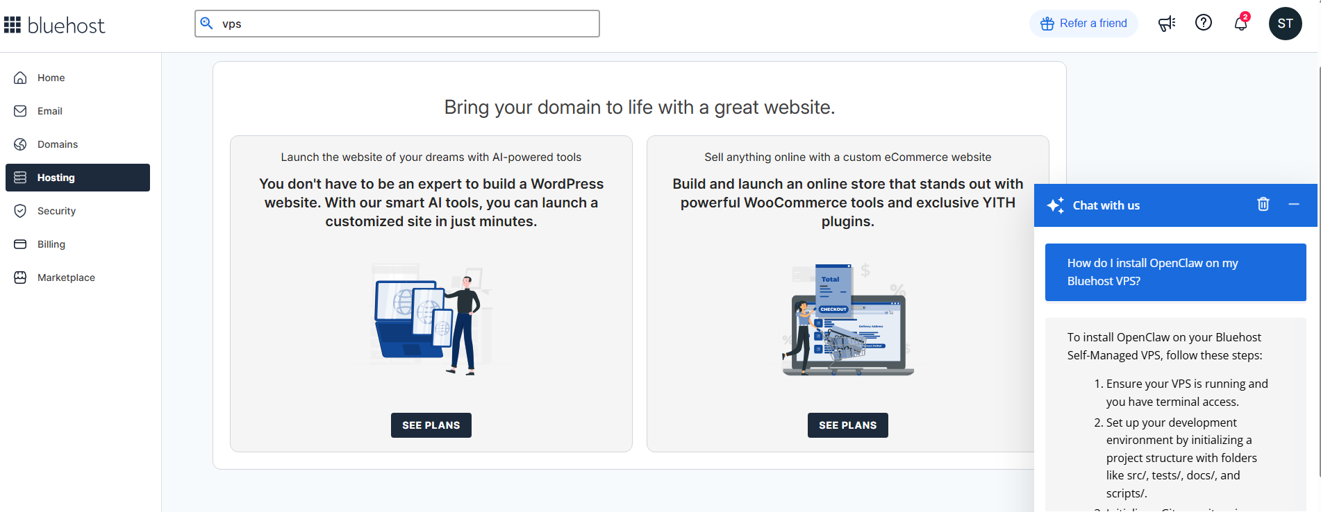 Bluehost dashboard chatting with bot about OpenClaw installation