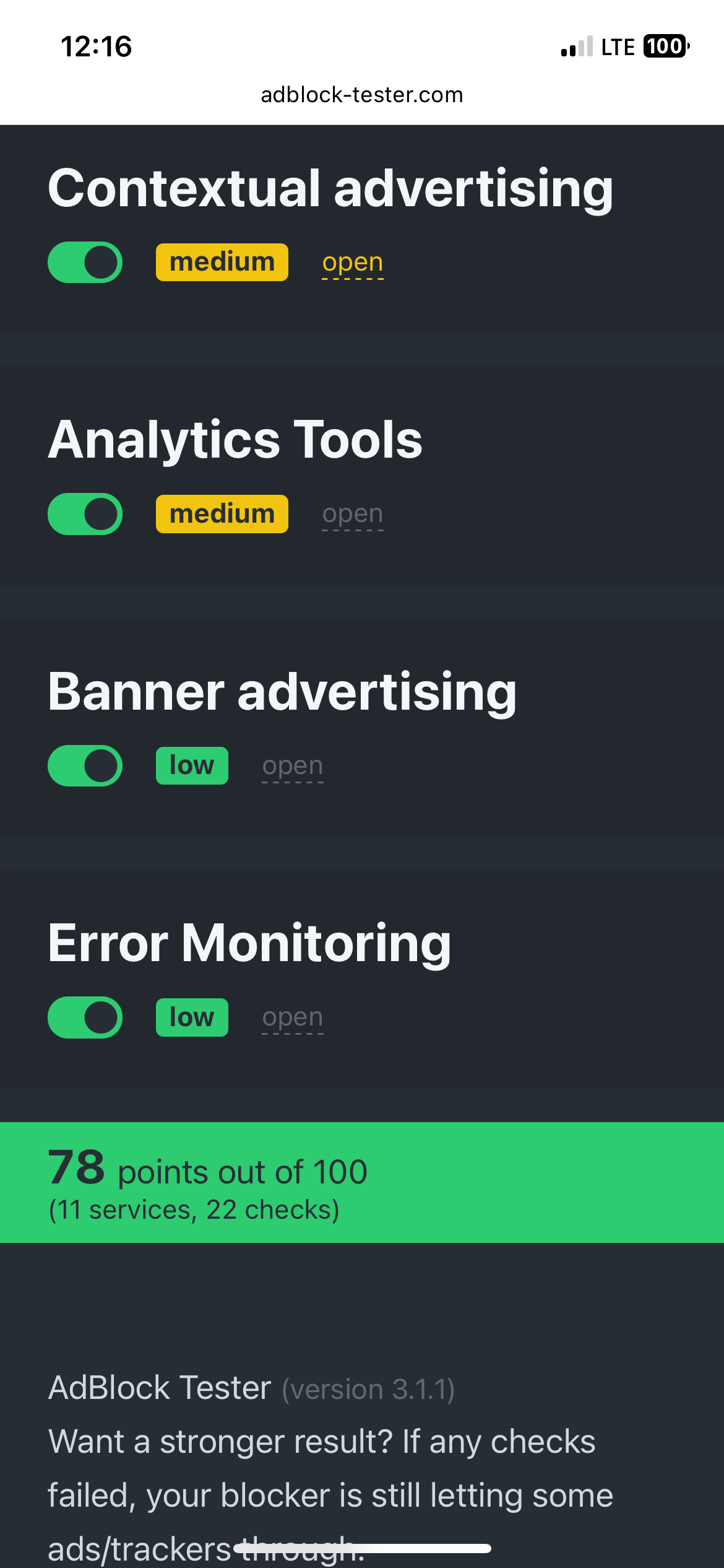 1Blocker test results 78/100