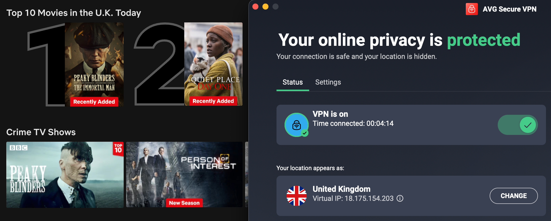Netflix list of top movies in the U.K. today with AVG Secure VPN in the foreground