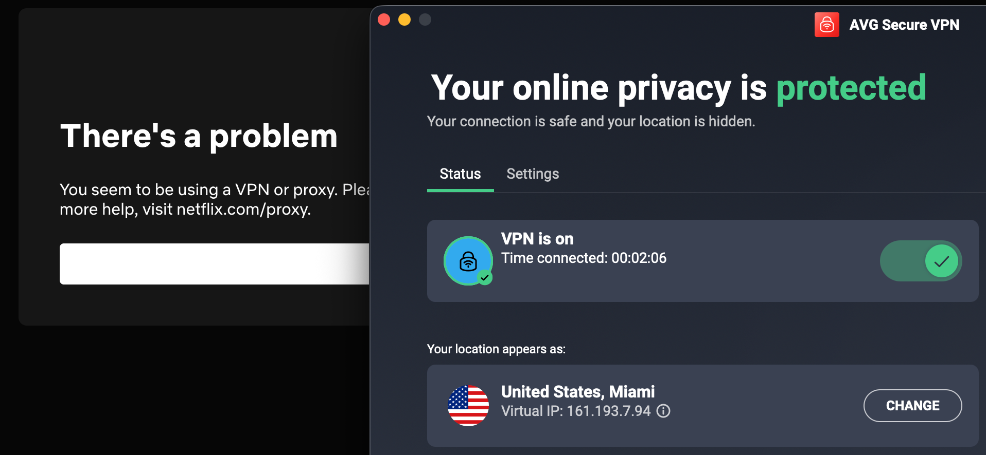 Pop-up from Netflix flagging a VPN side-by-side with AVG Secure VPN
