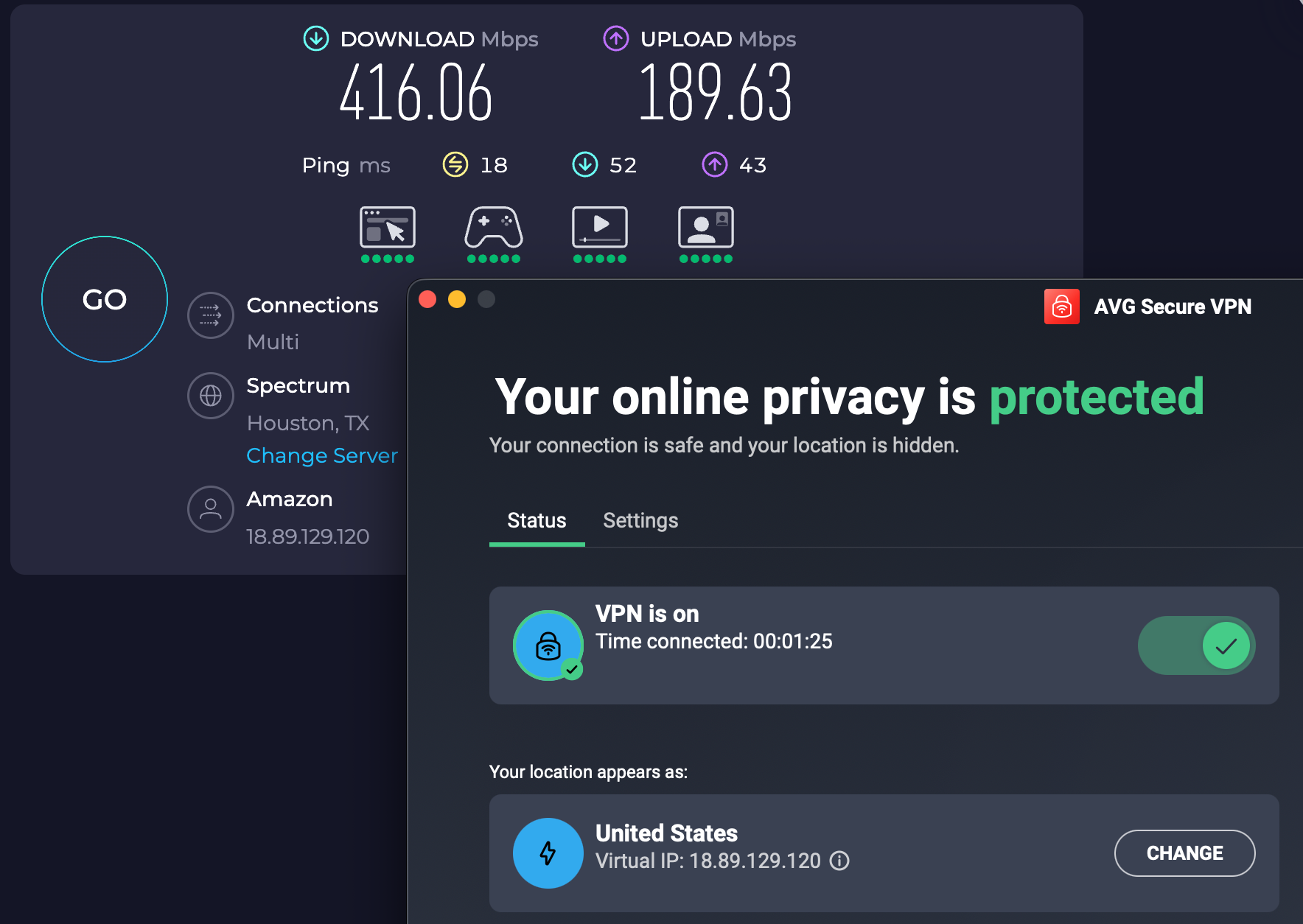 Speed test results for AVG Secure VPN while connected to a server in Houston (416.06 download, 189.63 upload, 18 ping)