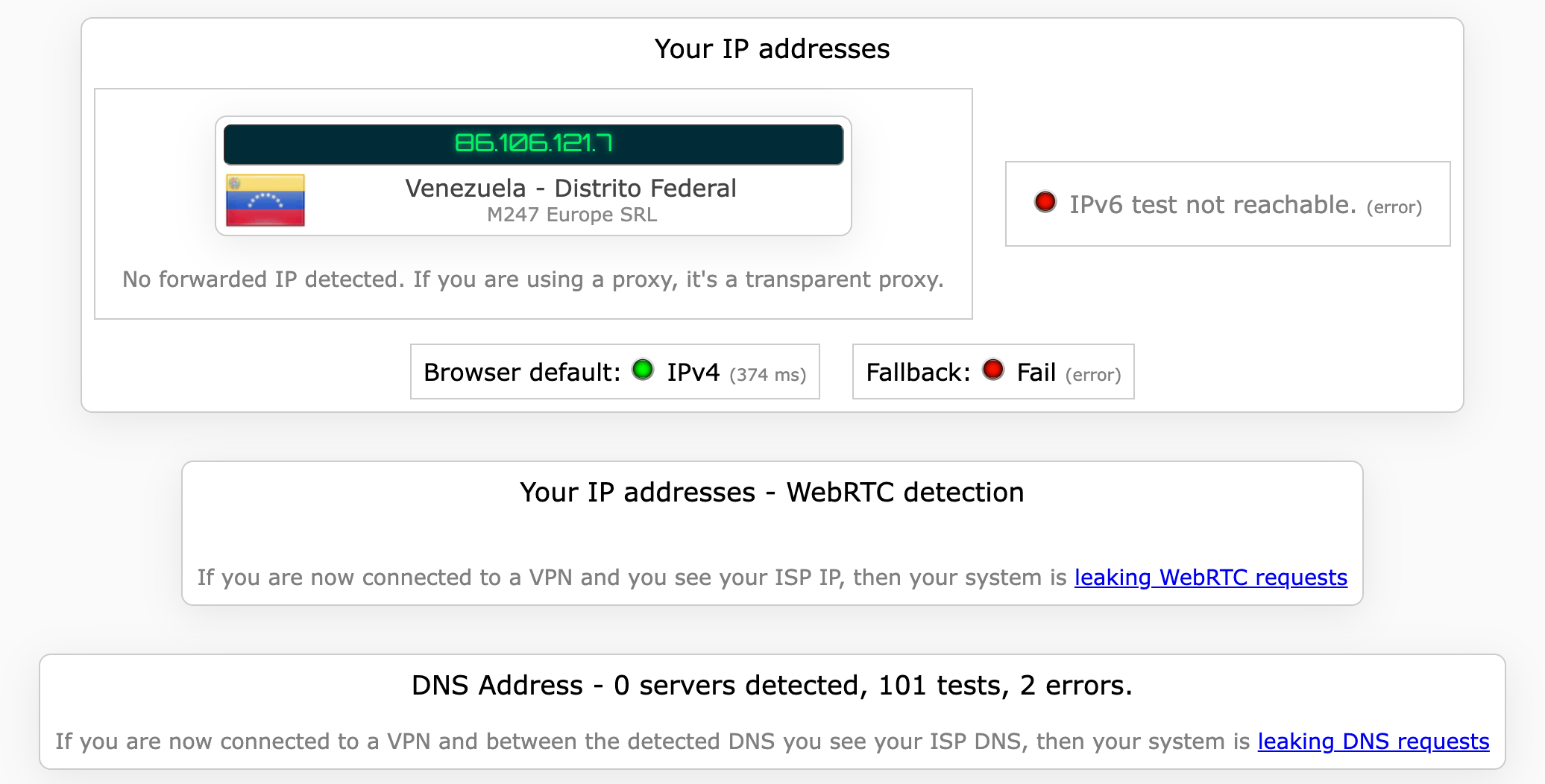 Proton VPN's WebRTC leak test results (pass)