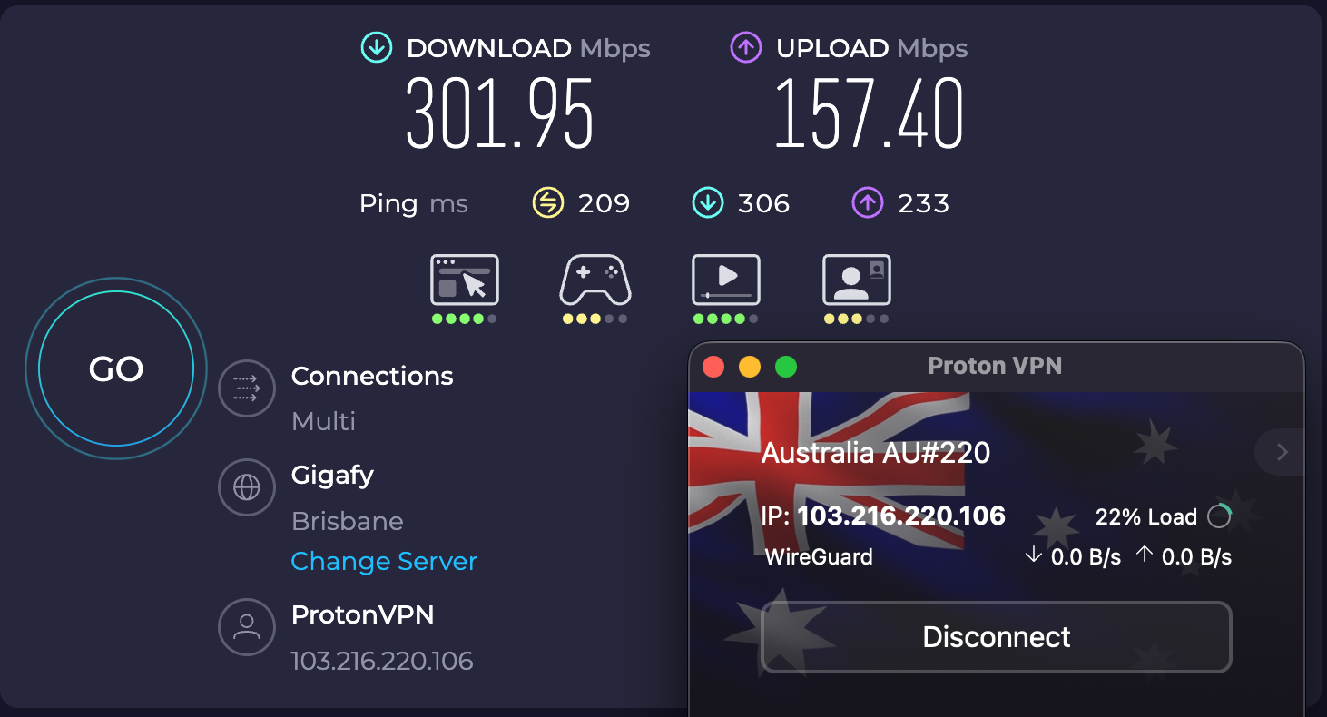 Speed test results for Proton VPN while connected to a Brisbane server (301.95 download, 157.40 upload, 209 ping).