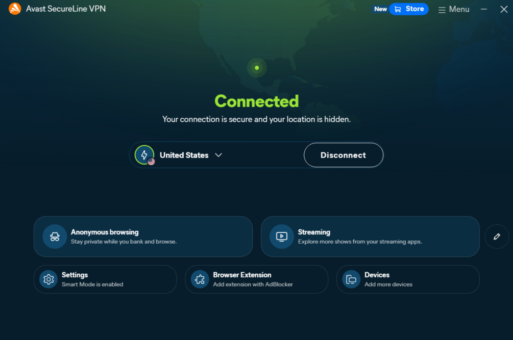 Avast SecureLine VPN dashboard