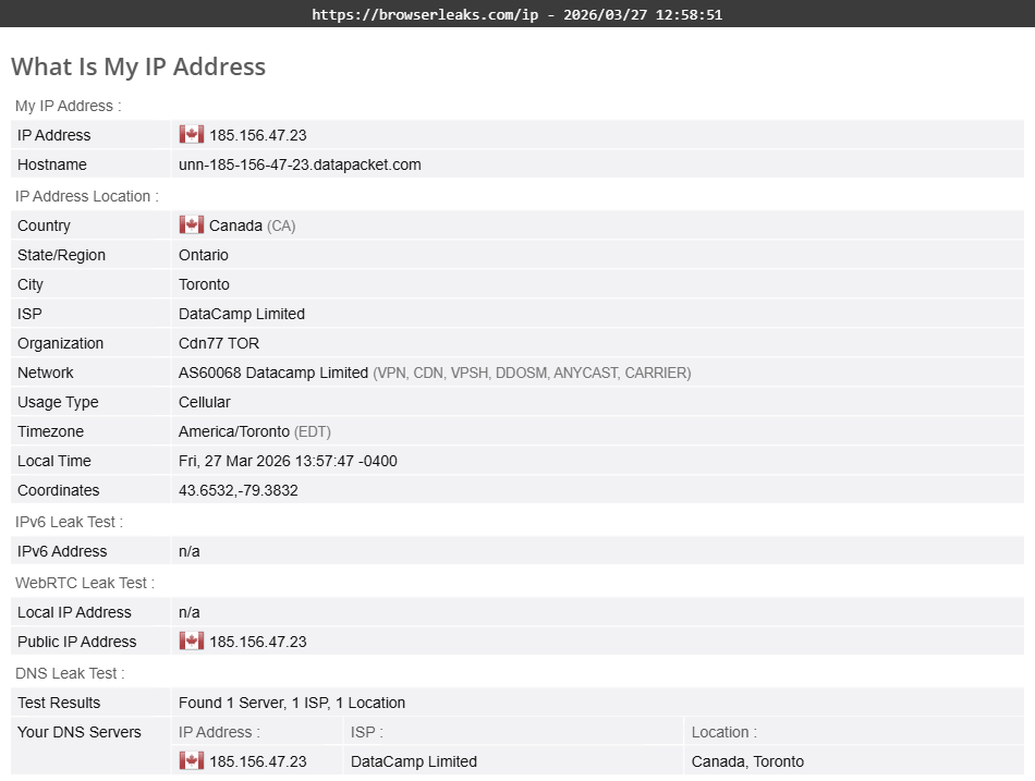 Avast SecureLine VPN's DNS leak test results (pass)