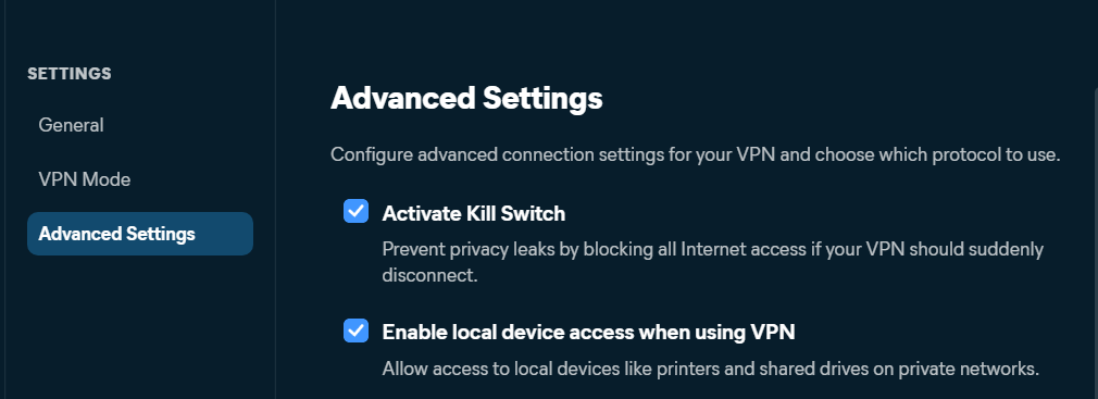 Avast SecureLine VPN's advanced settings under Activate Kill Switch section
