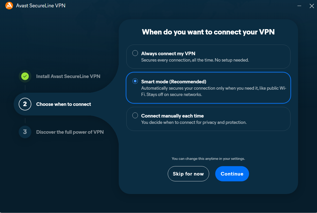 Avast SecureLine VPN setup asking when the VPN should be connected
