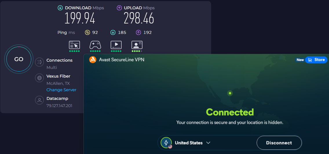 Speed test results for Avast SecureLine VPN while connected to a server in McAllen {199.94 download, 298.46 upload, 92 ping)