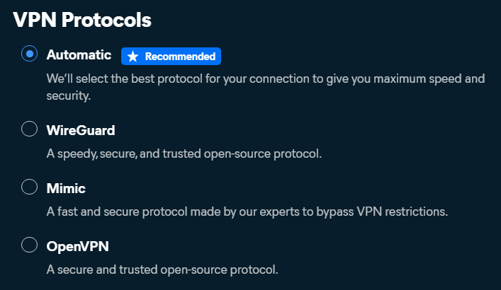 Avast SecureLine VPN's list of VPN protocols