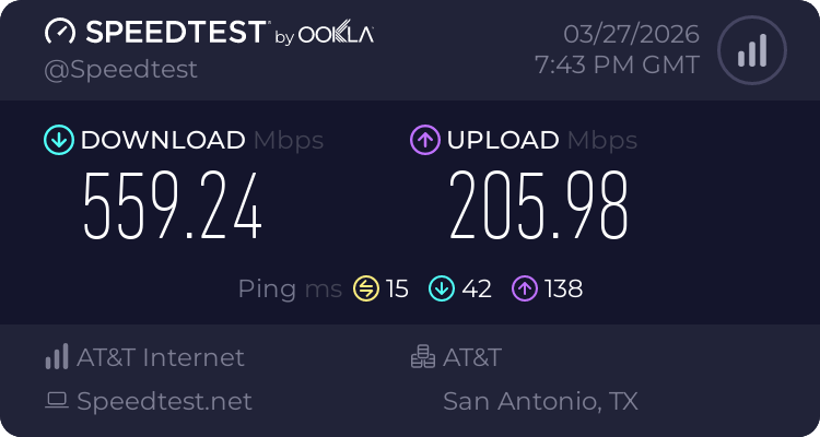 Baseline speed test before testing VeePN (559.24 download, 205.98 upload, 15 ping)