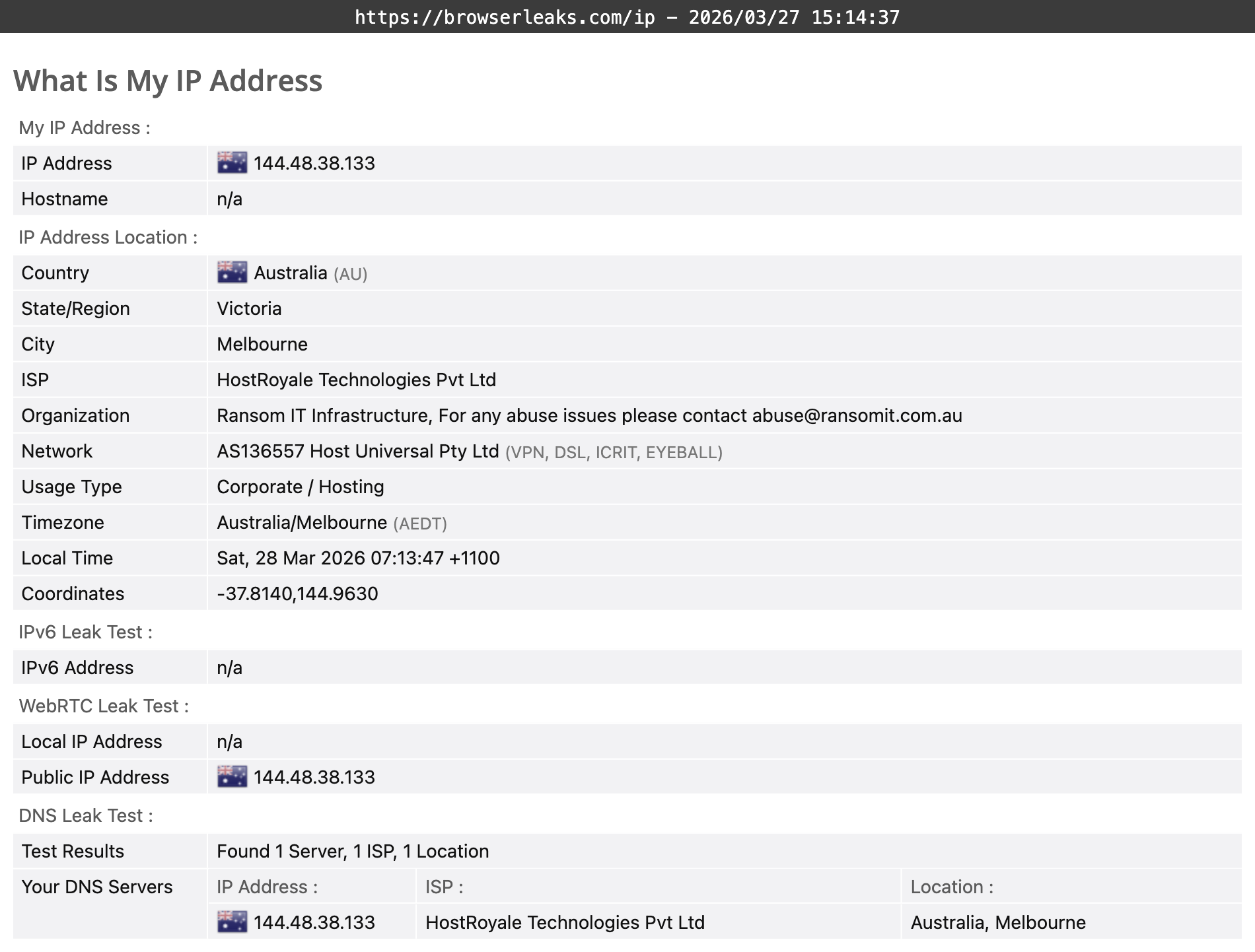 VeePN's DNS leak test results (passed)