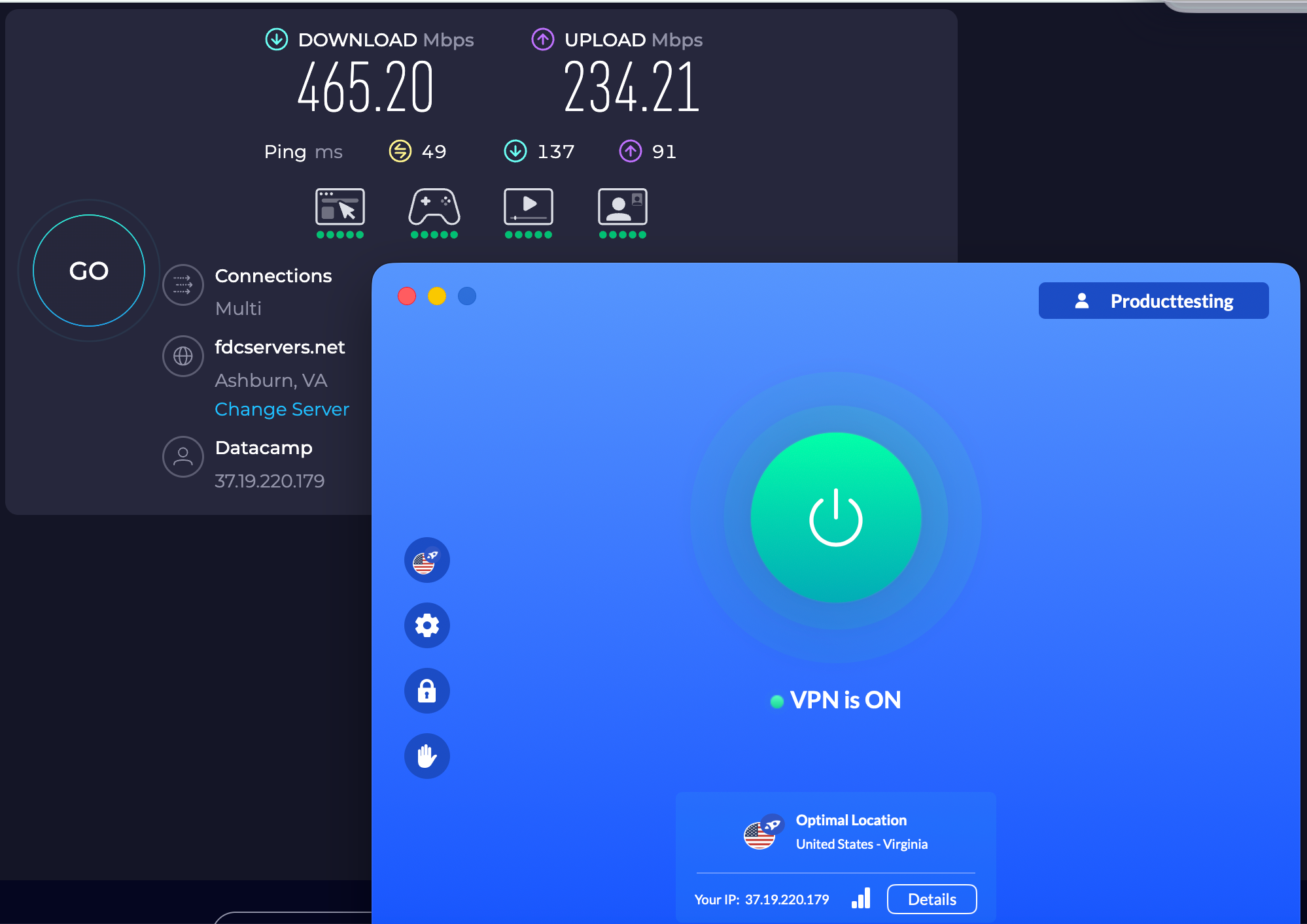 Speed test results for VeePN while connected to a McAllen server (199.94 download, 298.46 upload, 92 latency)