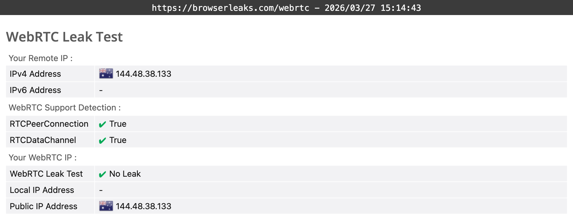 VeePN's WebRTC leak test results (passed).