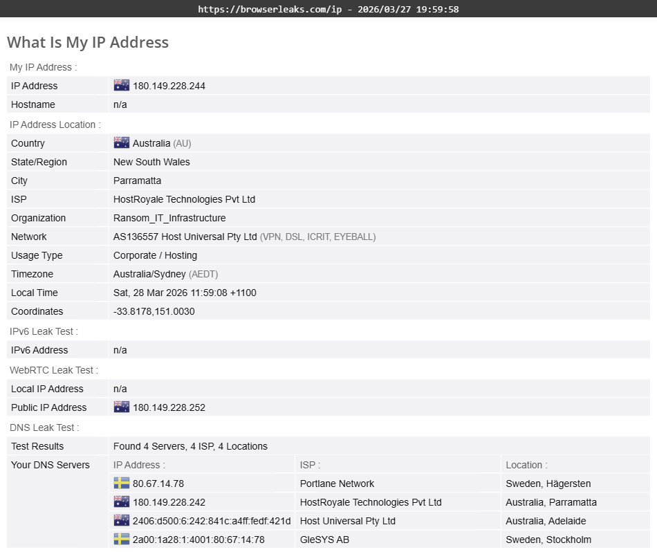 FrootVPN's DNS leak test results (passed).