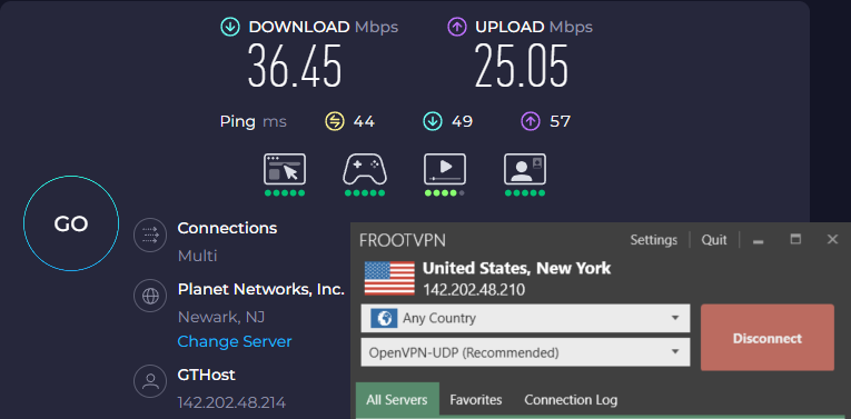 Speed test results for FrootVPN while connected to a New York server (36.45 download, 25.05 upload, 44 latency).