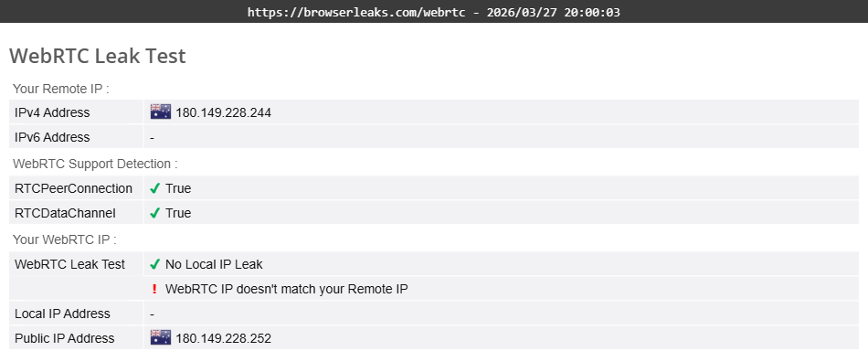 FrootVPN's WebRTC leak test results (partially passed).