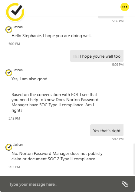 Live chat conversation with Norton support about whether Norton Password Manager has SOC Type II compliance
