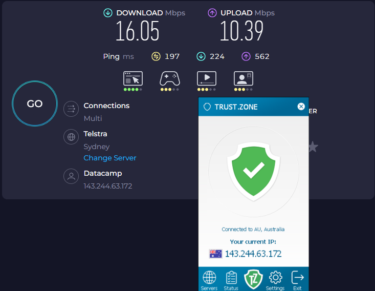 Speed test results for Trust.Zone while connected to a server in Sydney (16.05 download, 10.39 upload, 197 latency)