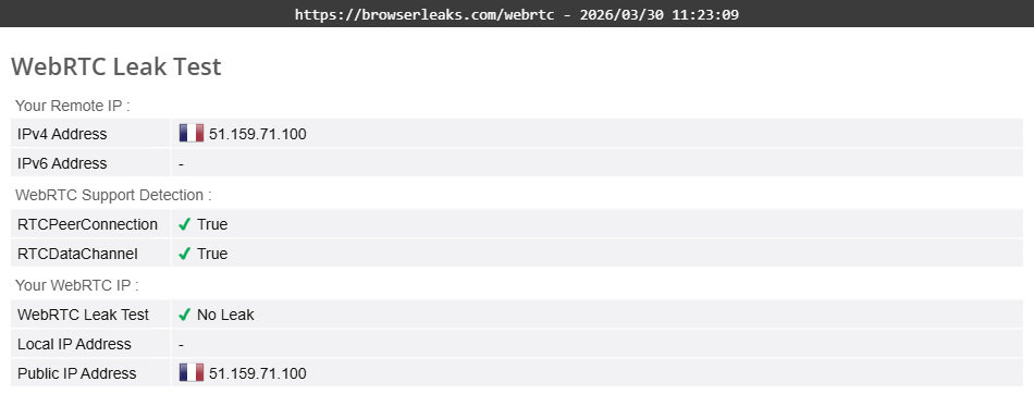 Trust.Zone VPN's WebRTC leak test results (passed)