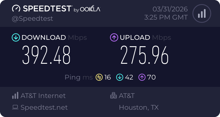 Baseline speed test before testing CactusVPN (392.48 download, 275.96 upload, 16 ping)