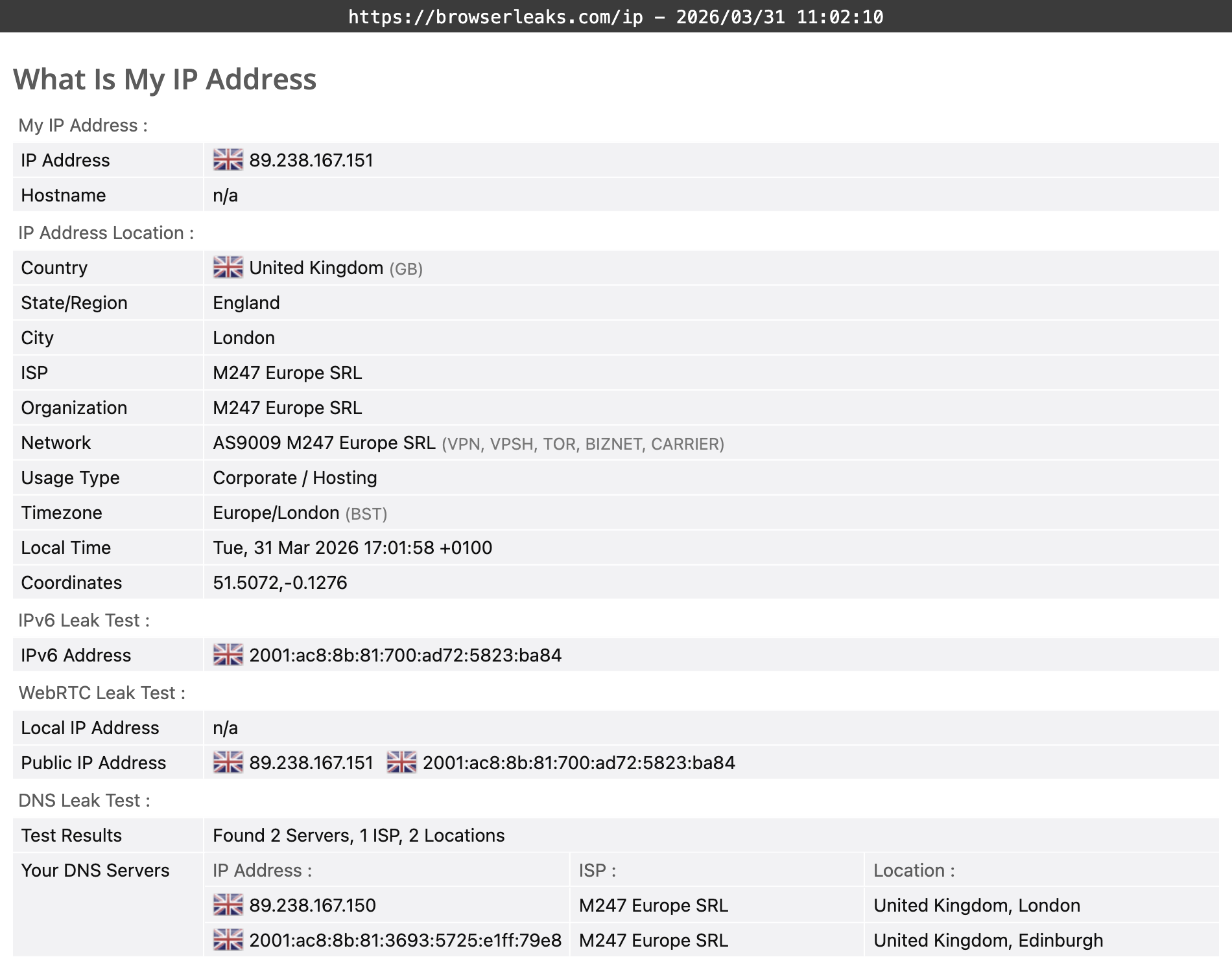 AirVPN's WebRTC leak test results (passed)