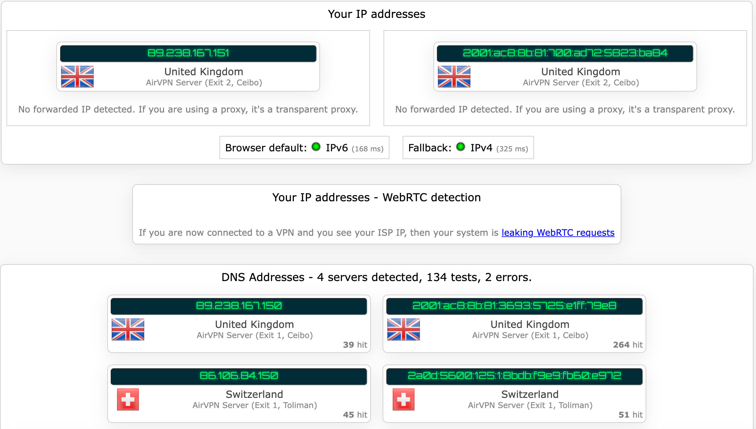 AirVPN's kill switch test results (passed)